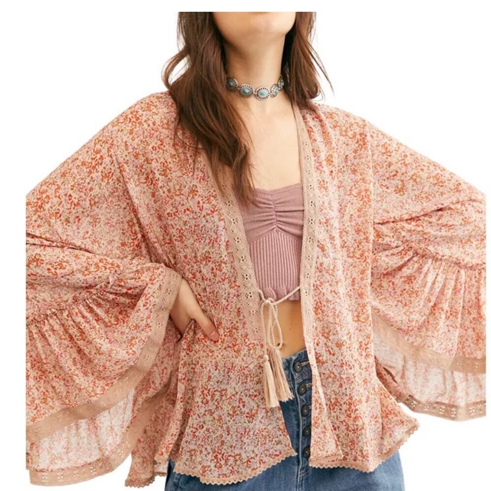 Free People Floral Kimono Sleeve Blouse - Peach and Pink
